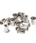 Close-up of Heavy Duty Rivet Nut Tool Kit 100 Pc Set 1/4-20 UNC Rivnut Nuts in 304 Stainless Steel with flat head inserts