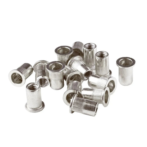 Close-up of Heavy Duty Rivet Nut Tool Kit 100 Pc Set 1/4-20 UNC Rivnut Nuts in 304 Stainless Steel with flat head inserts