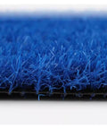 Close-up of Durable Synthetic Grass Turf Mat For Indoor Outdoor Use With Drainage Holes Low Maintenance Lawn Look in blue color.
