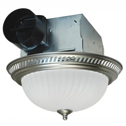 Round Bath Fan With Light In Nickel Finish, 70 CFM Vent With Decorative Grill And Frosted Glass Lens, Quiet Duct Collar