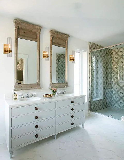 Brushed Gold Wall Sconce With Clear Glass Cylinder Shade 1 Light Modern Transitional Wall Light Fixture in bathroom