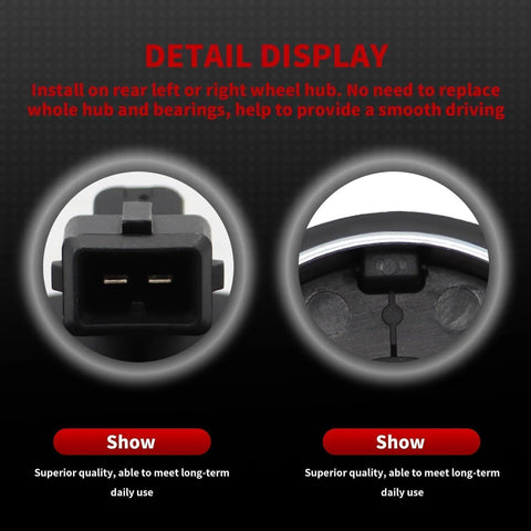 Nakkaa rear hub ABS speed sensor with 2-pin connector; shown as connector close-up and hub installation view