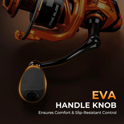 Close-up of EVA handle knob on Lethal Blaze Spinning Reel With Ultra Smooth Drag Up To 26.5 Pounds On 4000 And 5000 Sizes And 17.6 Pounds On 2000 And 3000, 5.2 To 1 Gear Ratio, CNC Aluminum Spool, Freshwater And Inshore Reel Built For Bass And Trout