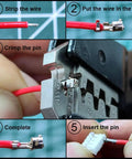 PH 2.0 Wire Kit With Pin Headers And Ribbon Cable, 2.0mm Pitch, step-by-step guide on using wire crimping tool and connector