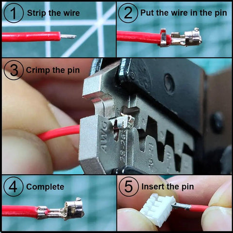 PH 2.0 Wire Kit With Pin Headers And Ribbon Cable, 2.0mm Pitch, step-by-step guide on using wire crimping tool and connector