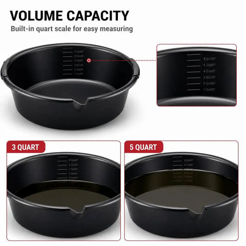 Huge 7 Qt Oil Drain Pan With Built Scale, Leak Proof Spout And Splash Guard detailed view of capacity measurements.