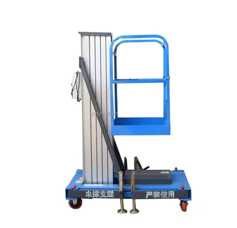 Heavy Duty Self Standing Hand Crank Lifting Mast With Slick Telescopic Design Adjustable Height Portable Work Platform For Construction Maintenance Zero Sweat Operation And Built Tough, showing blue frame, sturdy base, and adjustable height.
