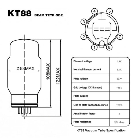 Diagram showing KT88 Vacuum Tubes Matched Pair 2 Pack Aurora Series Audio Tubes dimensions and specifications.
