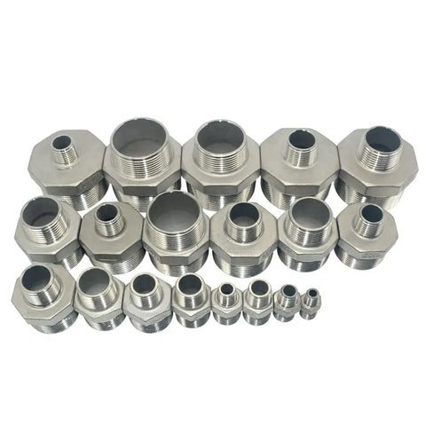 Half Inch To Quarter Inch Stainless Steel NPT Reducing Nipple Fitting Hex Reducer, Male Threads On Both Ends, SS304 Plumbing Adapter For Pipe Size Change, Heavy Duty, 150 PSI At 70 F, Rust And Corrosion Resistant, assorted sizes