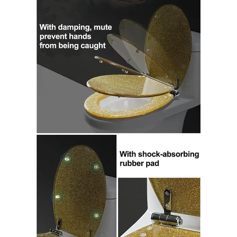Shimmer Silver Glitter Toilet Seat With Smooth Soft Close Hinges And Quick Swap Nonslip Bumpers For Standard Elongated Models featuring a glittery finish and rubber pads.