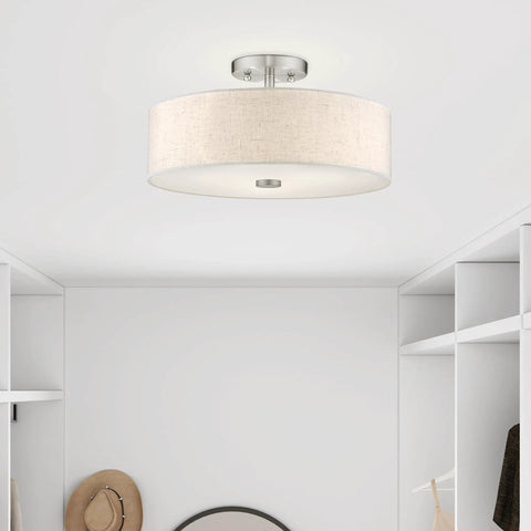 Meridian 3 Light Ceiling Mount Fixture In Brushed Nickel With Oatmeal Fabric Drum Shade Semi Flush Mount Lighting modern decor