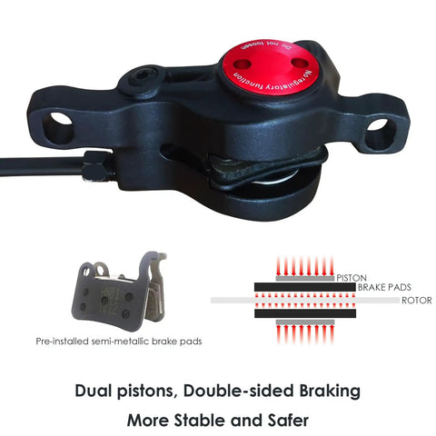 Dual pistons of Hydraulic E Bike Brake Upgrade Kit with waterproof power off sensor and pre-installed brake pads