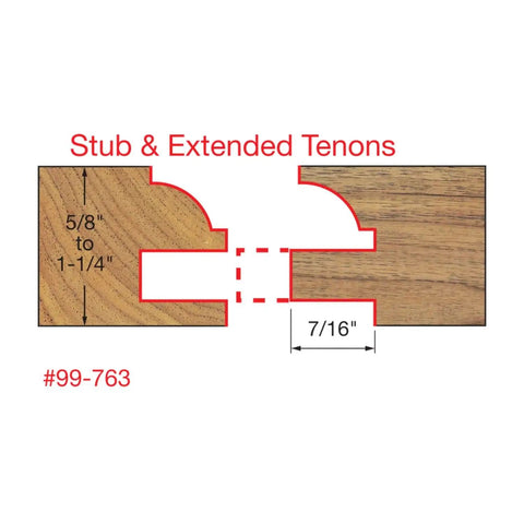 Diagram of stub and extended tenons for Pro Grade Workhorse Adjustable Rail And Stile Bit Round Over Bead With TiCo Hi Density Carbide.