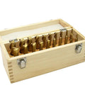 20 Piece Titanium Nitride Coated End Mill Set With 2 And 4 Flute Mills For Milling Machines in wooden case, M2 HSS shanks visible