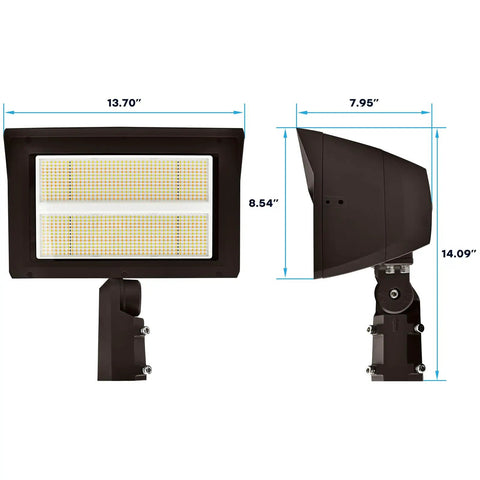 Top Shelf Outdoor LED Flood Lights 200W To 300W Adjustable Wattage side and front view with dimensions for installation.