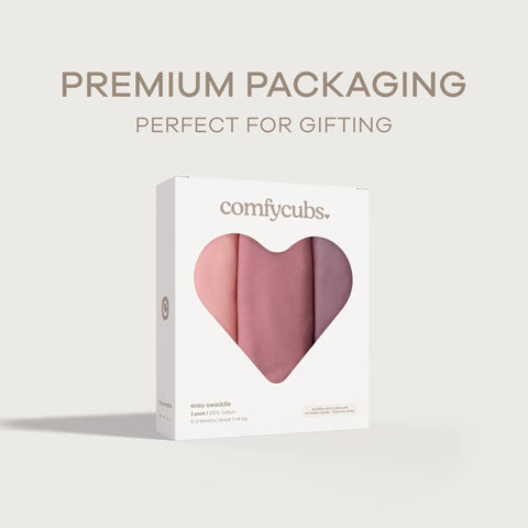 Cozy Baby Swaddle Blanket Set Three Pack 100 Percent Cotton Newborn Wraps For 0 To 3 Months in blush, mauve, mulberry package.