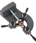 Rock Solid Metal Steady Rest For Mini Lathes With Three Point Grip And Zero Wiggle Room Providing Killer Support For Wood Or Steel Turning On 0618 CJ18 7x12 And 7x14 Models, close-up view of steady rest with bolts and adjustment screws.