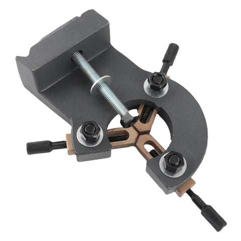 Rock Solid Metal Steady Rest For Mini Lathes With Three Point Grip And Zero Wiggle Room Providing Killer Support For Wood Or Steel Turning On 0618 CJ18 7x12 And 7x14 Models, close-up view of steady rest with bolts and adjustment screws.