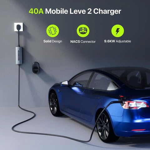 Tesla Level 2 EV Charger 40A Portable 9.6kW With NEMA 14 50 Plug 240V, 25 Ft Cable, On The Go Home Or Travel Charge next to a car