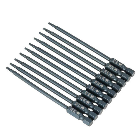 Heavy Duty Magnetic Hex Shank Screwdriver Bits Kit With 10 Pc T8 Star Security Heads Made From Tough S2 Steel For High Torque Drilling And Power Tool Jobs That Need Serious Durability And Grip To Get The Work Done Right Away. 10pc T8, 100mm S2 steel