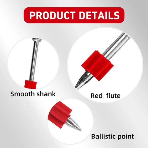 Heavy Duty Real Deal One Half Inch Powder Actuated Fasteners With Red Flute Drive Pins Featuring.300 Heads In A Rugged Hundred Count Pack For Smooth Firing Setup And Badass Deck Construction Projects