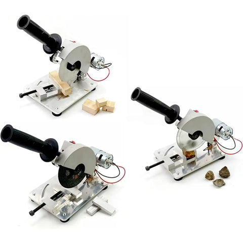 Rock Solid Smooth Operating Mini Desktop Saw For Wood Stone Steel Craft Cutting With Low Noise All Copper Motor Heavy Duty Precision Setup Including Nine Interchangeable Angled Blades Knockout Performance on a flat surface with wooden and stone materials.