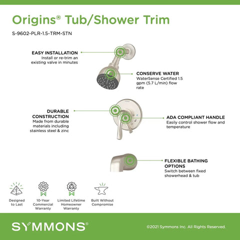 Diagram of features for Origins Single Handle 1 Spray Tub and Shower Faucet Trim in Satin Nickel 1.5 GPM Valve Not Included Includes Shower Arm and Escutcheon Low Flow Showerhead Contemporary Style Shower Kit for Modern Bathrooms