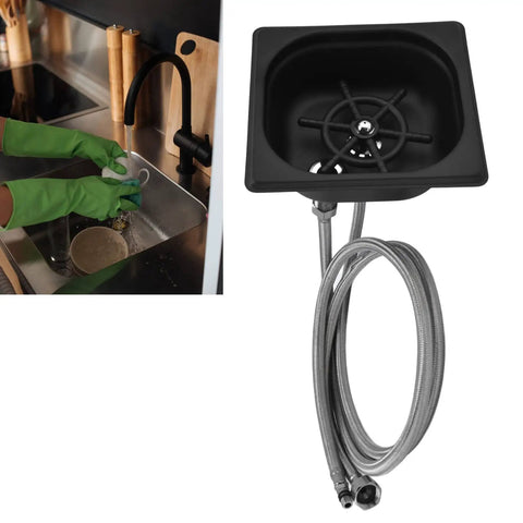 Heavy-Hitter Square Glass Rinser And Sink Sprayer, Solid Stainless Steel Auto Cup Washer with Matte Black Sink and Hose.