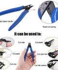 Blue wire cutter with anti-slip rubber handle and reset wire spring, used for cutting nails, plastic, nylon line, paper, and milk cartons.