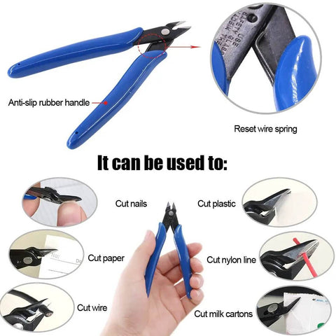 Blue wire cutter with anti-slip rubber handle and reset wire spring, used for cutting nails, plastic, nylon line, paper, and milk cartons.
