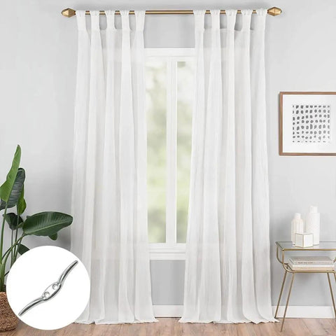 Six Pack Stainless Steel Marine Rope Cleats And Blinds Cord Cleats shown with sheer white curtains and gold curtain rod.