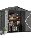 Heavy Duty Metal Outdoor Storage Shed With Lockable Doors And Sloped Roof Air Vent Built Tough For Backyard Patio Lawn Poolside 6x4 Grey Weather Resistant And Secure, open doors showing tools and shelves inside