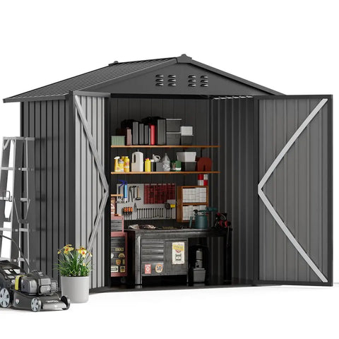 Heavy Duty Metal Outdoor Storage Shed With Lockable Doors And Sloped Roof Air Vent Built Tough For Backyard Patio Lawn Poolside 6x4 Grey Weather Resistant And Secure, open doors showing tools and shelves inside