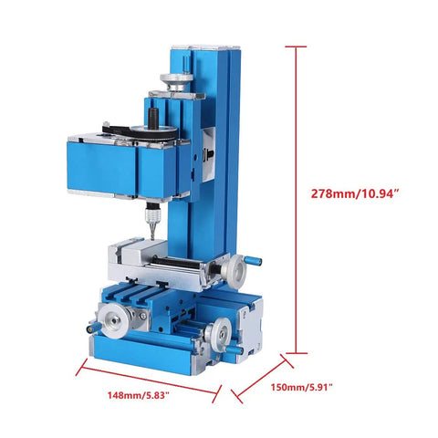 Heavy Duty Metal Mini Milling Machine And Benchtop Wood Lathe Built For Hella Smooth DIY Projects Killer Precision Controls Sturdy Aluminum Frame Ideal For School Labs Quick Modelmaking AC 100 To 240 Volt side view with measurements.
