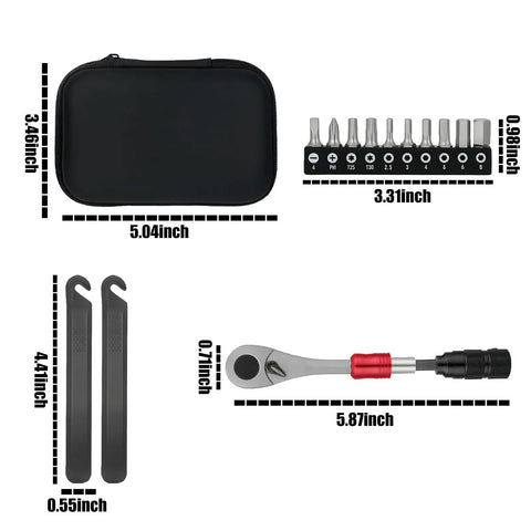 Portable 28 Piece Bike Tool Kit With Magnetic One Quarter Inch Torque Wrench And Ratchet Screwdriver Set dimensions shown