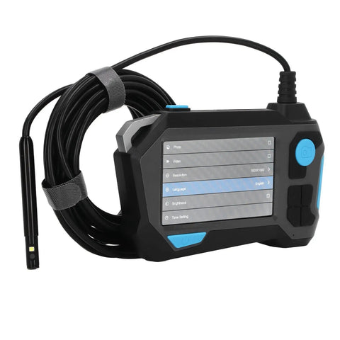 Dual Lens HD Inspection Camera With Bright 4.5 Inch Screen showing controls and flexible cable for plumbing work.