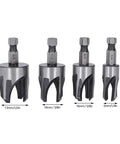 No Sweat Wood Dowel Drill Set With Tapered Plug Cutter Bits Slick Hex Shaft Claw Design For Quick Furniture Repair And Pro Carpentry Projects Around Your Garage Or Workshop. Four tapered plug cutter bits in various sizes, steel construction.