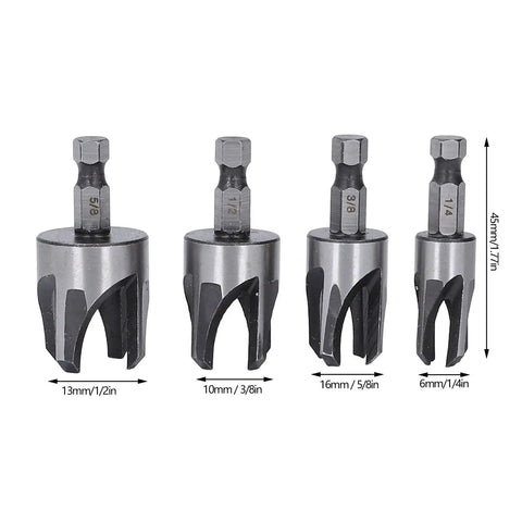 No Sweat Wood Dowel Drill Set With Tapered Plug Cutter Bits Slick Hex Shaft Claw Design For Quick Furniture Repair And Pro Carpentry Projects Around Your Garage Or Workshop. Four tapered plug cutter bits in various sizes, steel construction.