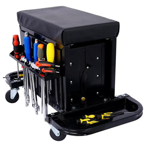 Side view of Three Drawer Chest Rolling Mechanic Seat With Tool Trays, heavy-duty black toolbox seat with tools stored.