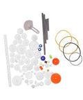 78pcs Plastic Gears Pulley Belt Rack Kit For DIY Projects with axles, gears, tires, and belts laid out on white background