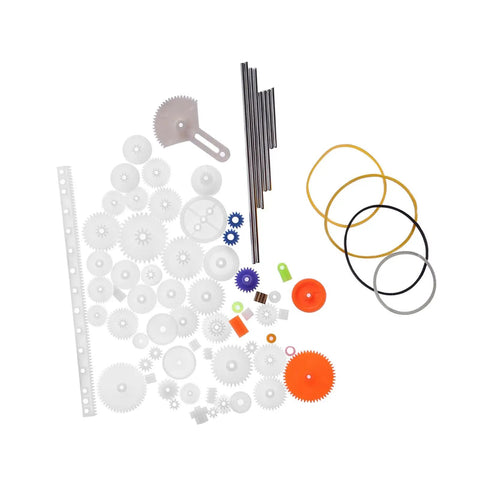 78pcs Plastic Gears Pulley Belt Rack Kit For DIY Projects with axles, gears, tires, and belts laid out on white background
