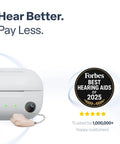 Wireless Rechargeable OTC Hearing Aid for Seniors and Adults Ultra Comfortable Design Nearly Invisible Fit displayed with charger