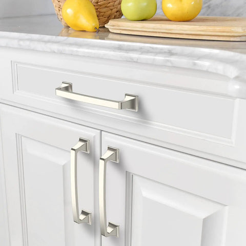 10 Pack Brushed Satin Nickel Cabinet Pulls, 6-1/4 Inch Hole Center, Slick Kitchen And Bathroom Drawer Handles on white cabinetry