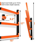 Three Level Lumber Storage Wall Mount Rack, Heavy Duty Metal Tool Box Organizer for wood pipes, side view dimensions 31x15 inches