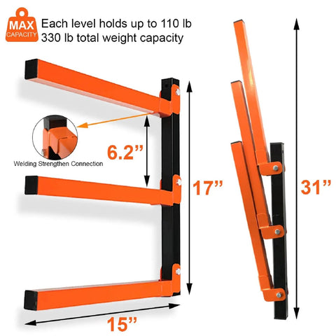 Three Level Lumber Storage Wall Mount Rack, Heavy Duty Metal Tool Box Organizer for wood pipes, side view dimensions 31x15 inches