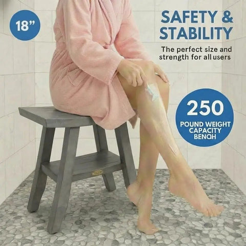 18 Inch Gray Teak Shower Bench Seat Waterproof Anti Slip Inside Shower Stool For Safety Storage And Organization Of Your Bathroom Accessories Pro Grade Durable Bath Upgrade with person in pink robe on it.