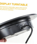Smooth Rotating Jewelry Display Stand With Adjustable Speed Motorized Turntable For Retail Store Showcase And Product Photography Features black base and control buttons.