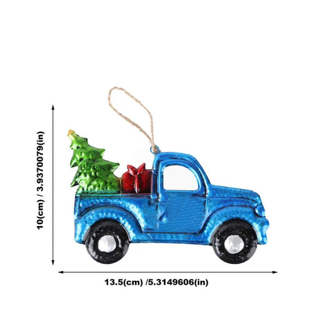 Festive Pickup Truck Ornament With Christmas Tree Decor Iron And Glass Hanging Keepsake for porch tree or home, blue design