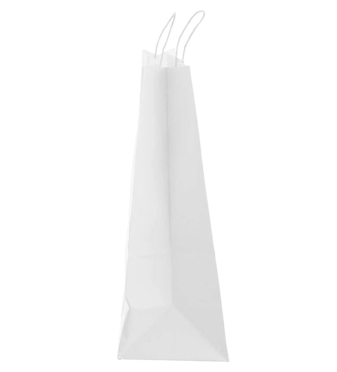 Side view of Large White Kraft Paper Bags With Handles 13x7x17 Inches 150 Pack Durable Reusable Eco Friendly Shopping Gift Party Retail Lunch Grocery Bags