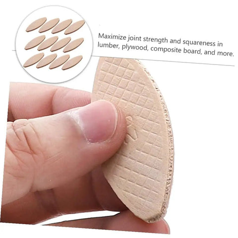 Close-up of Pro Grade Beechwood Woodworking Biscuit Joiner Kit with tenon tool and 100pc biscuit joining plates for strong bonds.
